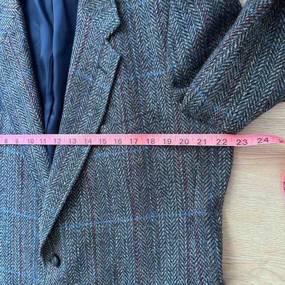 Unisex Tweed Plaid Wool Blazer Suit Jacket - Grey/Blue - Picture 10 of 12